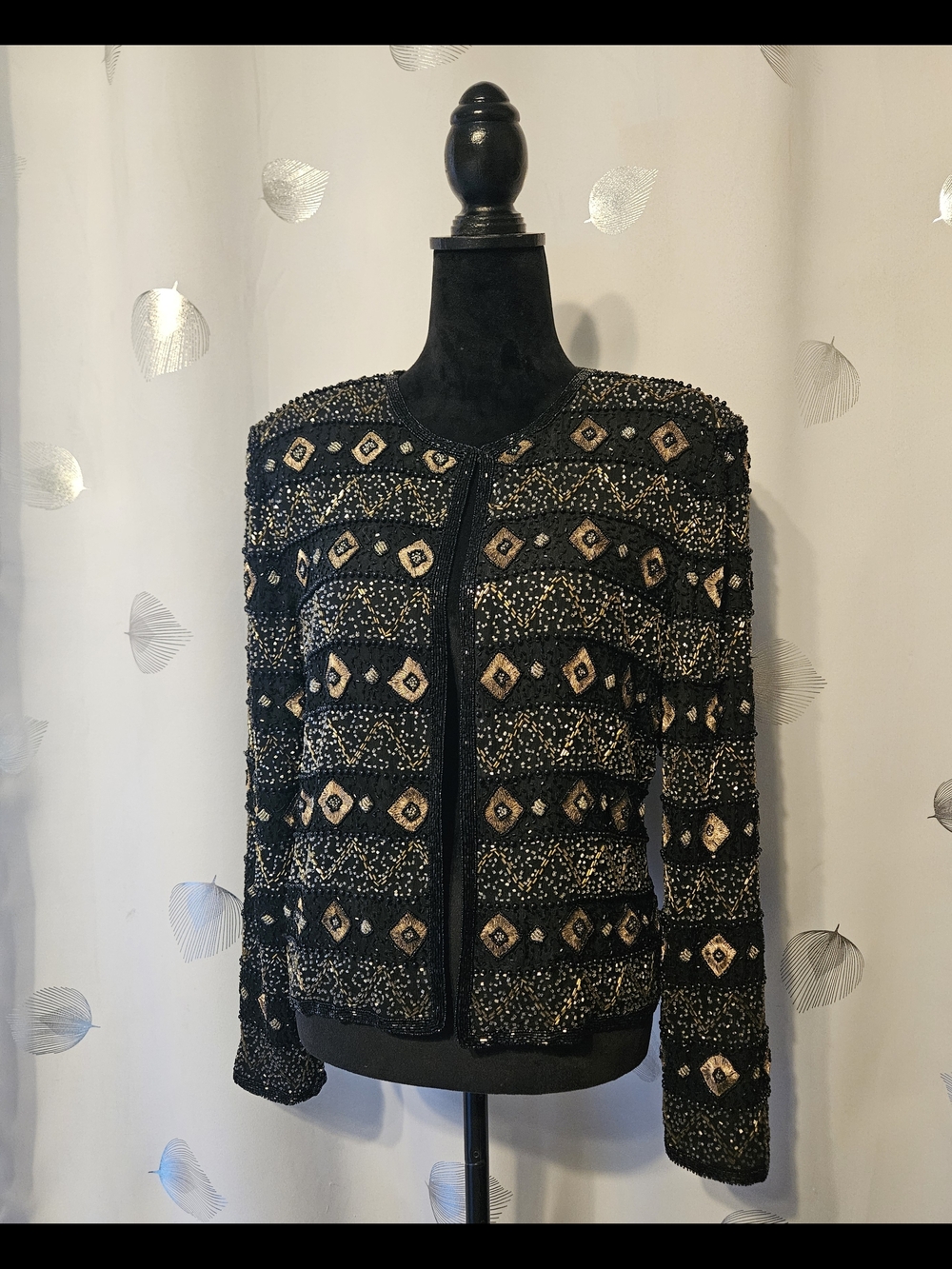 vintage Papell Boutique Evening black silk jacket gold& black beading &sequins